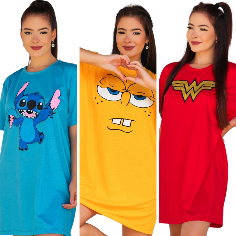 Kit 3 Camisola Feminina Estampada Personagens Desenho Plus Size P ao G4