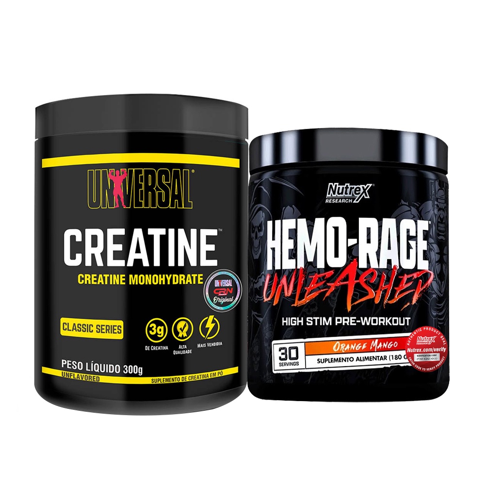Kit Pré-Treino Hemo-Rage Unleashed 180g - Nutrex Research + Creatina 300g -  Universal Nutrition em Oferta na Shopee