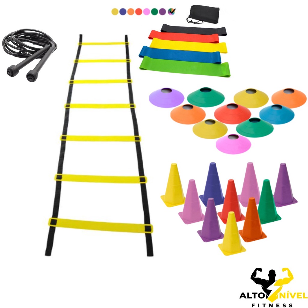 Kit Treino Funcional Agilidade Escada 7 Degraus 10 Cones 10 Chapéus Chinês 1 Kit 5 Faixa Mini Band 1 Corda de Pular Pvc