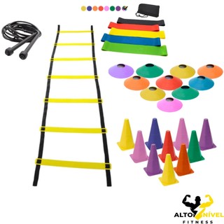 Kit Treino Funcional Agilidade Escada 7 Degraus 10 Cones 10 Chapéus Chinês 1 Kit 5 Faixa Mini Band 1 Corda de Pular Pvc