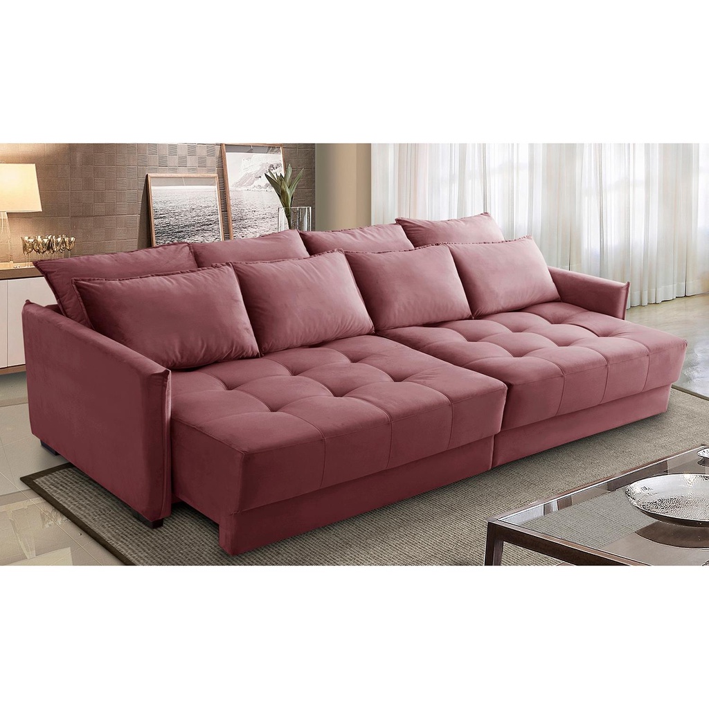 Sofá Cama Retrátil e Reclinável 2,10m com Molas Carol Veludo Rosê Adonai Estofados - Home & Living