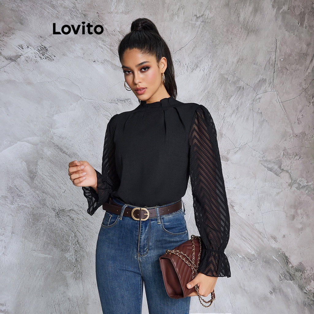 Lovito Blusa de Tecido Liso com Gola Costurada De Babados e Gota d'Água para Mulheres LBE02029 (Preto)