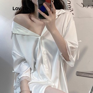 Lovito Casual Camisola Feminina Lisa Mini Evasê de Renda e Manga Curta com Laço e Gola LNA12021 (Branca)