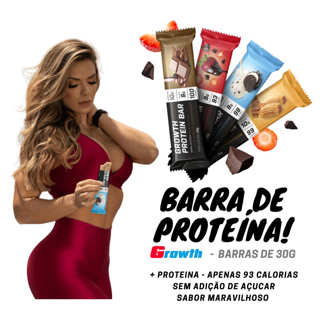 Barra de Proteina Barrinha Cereais Whey Bar Growth Caixa 12 Unidades Varios sabores Chocolate Morango Churros Dieta academia suplemento perder peso emagrecer Sortida