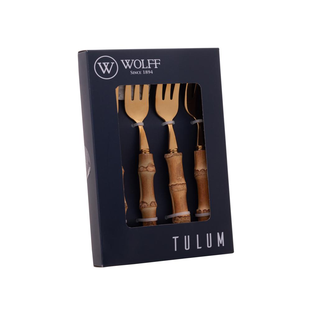 4 Garfos de Bolo Wolff Bambu Tulum de Aço Inox Dourado 16cm - Home & Living