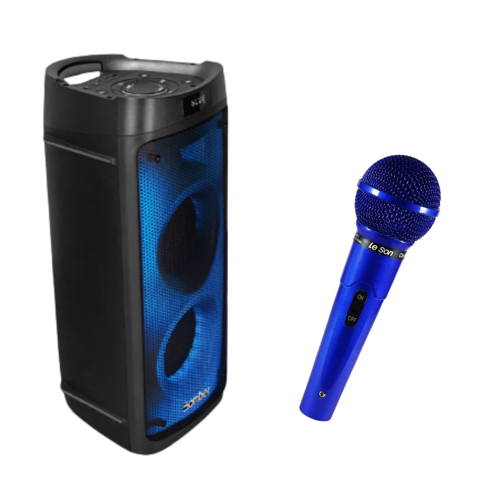 Microfone Azul Com Fio Profissional P10  + Caixa De Som Bluetooth Beatbox 1100