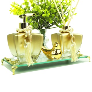 Kit Banheiro Lavabo Vidros Super Luxo C/ Bandeja Porta Sabonete e Difusor + Enfeites em Oferta na Shopee