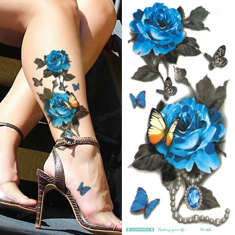 Beleza Flor Azul Vermelho Rosa À Prova Dwaterproof Água Tatuagem Temporária Arte Do Corpo Braço Manga Perna Transferênci