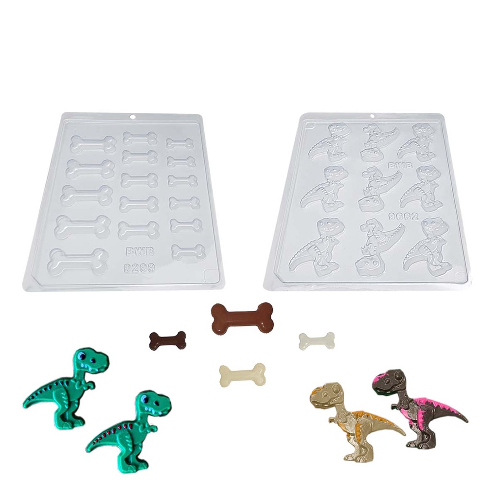 Kit 2 Formas Acetato para Chocolate BWB BWB Simples Sem Silicone Dinossauro 9662 + Osso 9299