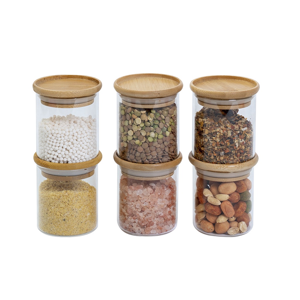 KIT 6 POTES DE VIDRO EMPILHÁVEL HERMÉTICO TAMPA BAMBU 200ML - Home & Living