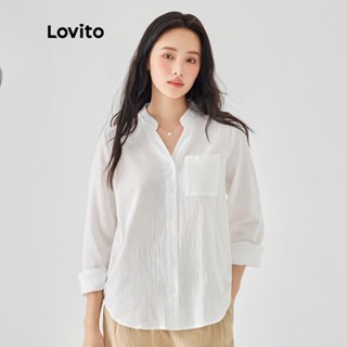 Lovito Blusas de Manga Longa com Bolsos e Botões na Frente para Mulheres LEX01059 (Branco)