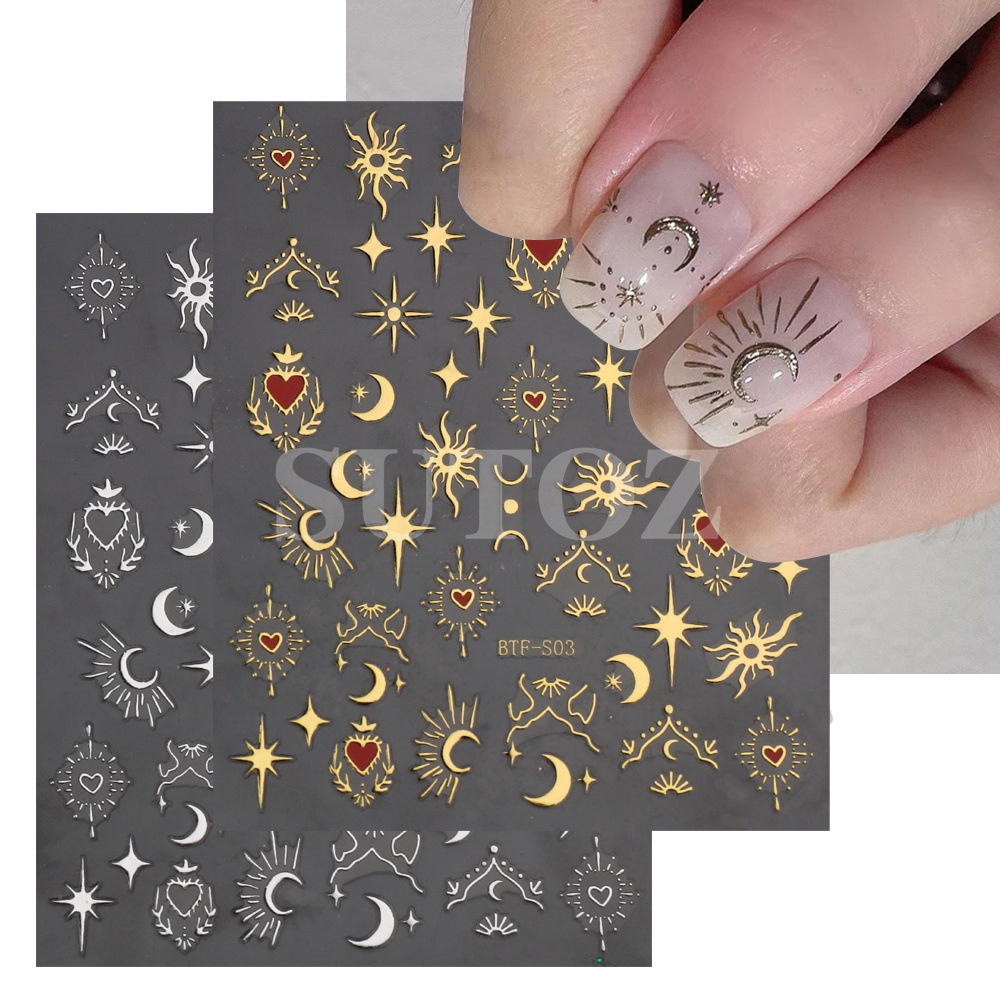 Adesivos de Manicure 3d Adesivos de Manicure Dourado Sol Brilhante Lua Starburst Adesivos de Unhas em Oferta na Shopee