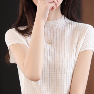 Nova Camiseta De Manga Curta Ice Silk High Neck Short Sleeve Tricotada Para Mulheres