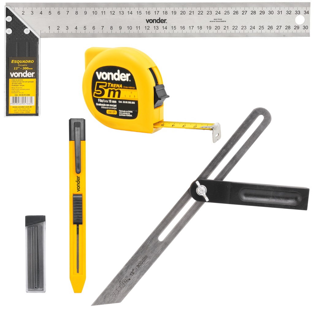 Kit Carpinteiro Marceneiro Suta Esquadro 12" Trena Lapiseira