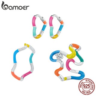 Bamoer 925 Sterling Silver Twisted Rainbow Collection Coleção Arco-Íris Aberto Anel & Brincos Conjunto De Jóias Para Aniversário Feminino