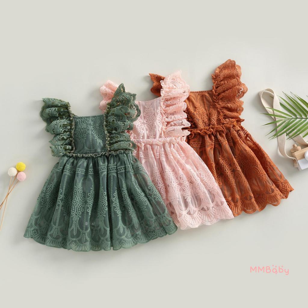 Mbaby-Baby Girl Summer Lace Romper , Ruffle Sleeve Backless Cor Sólida Infantil