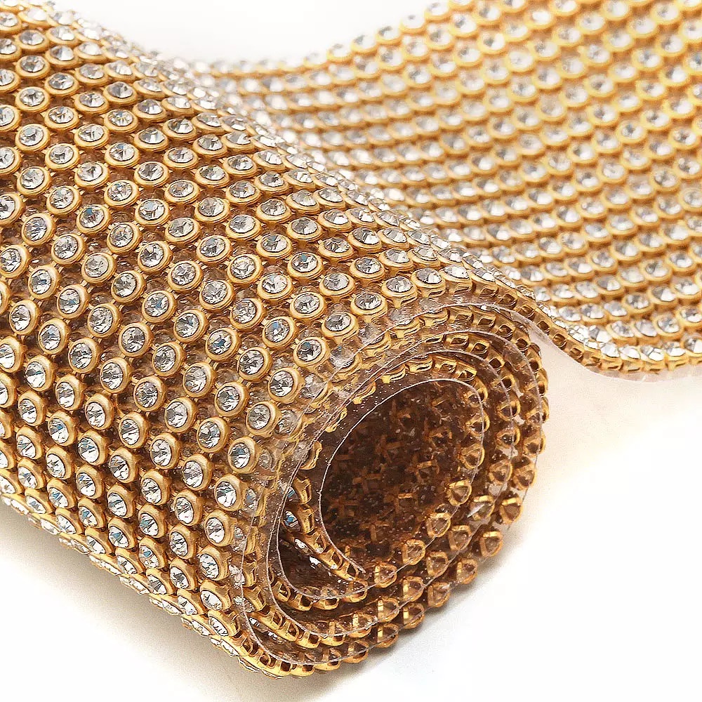 Manta de strass 10x45cm 28 fileiras dourada ou prata