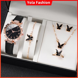 Moda Rhinestone Mulher Relógios De Couro Conjunto De Jóias Borboleta De Quartzo