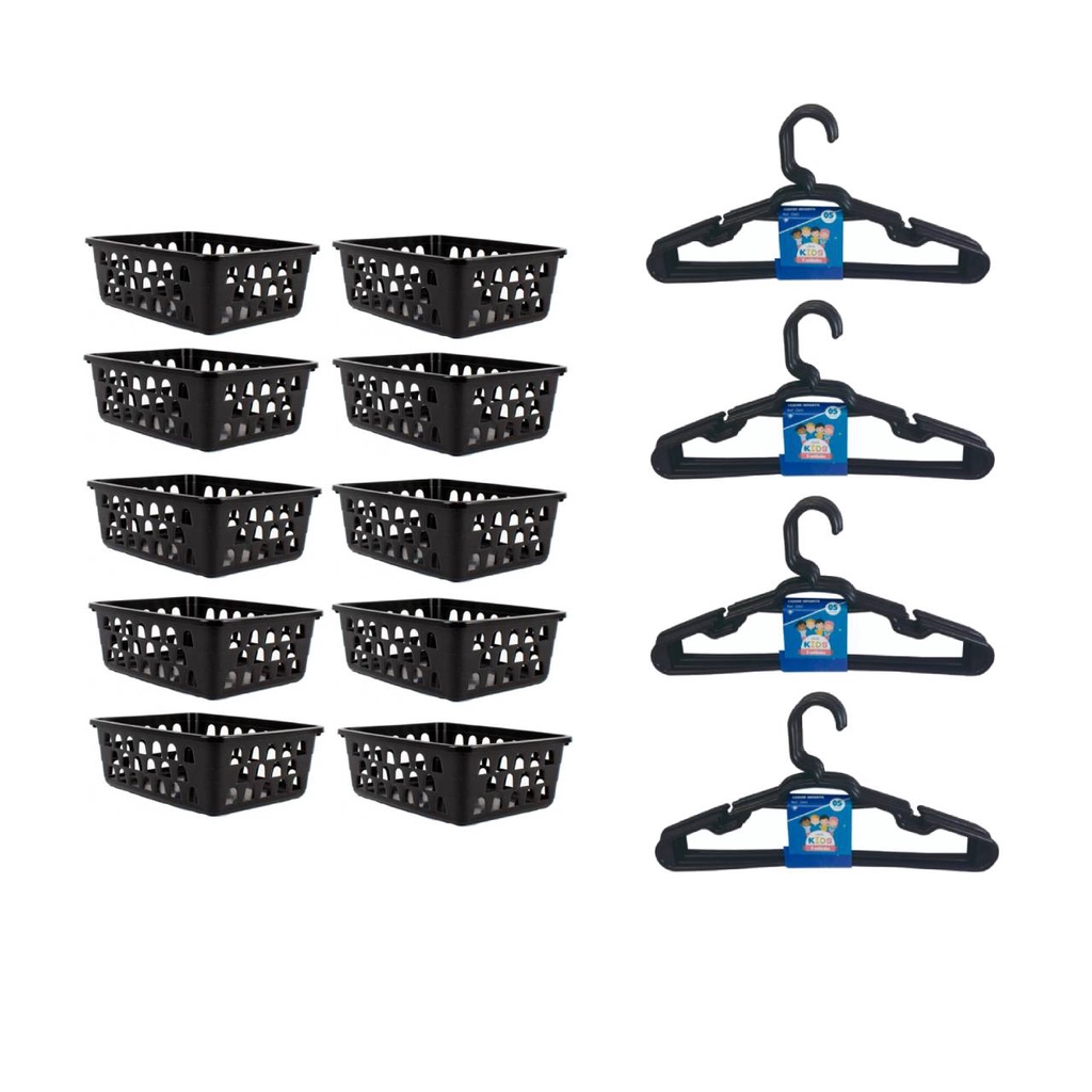 Kit 10 Cesto Organizador 16x12x6Cm Preto +20 Cabide Infantil 123Organizei