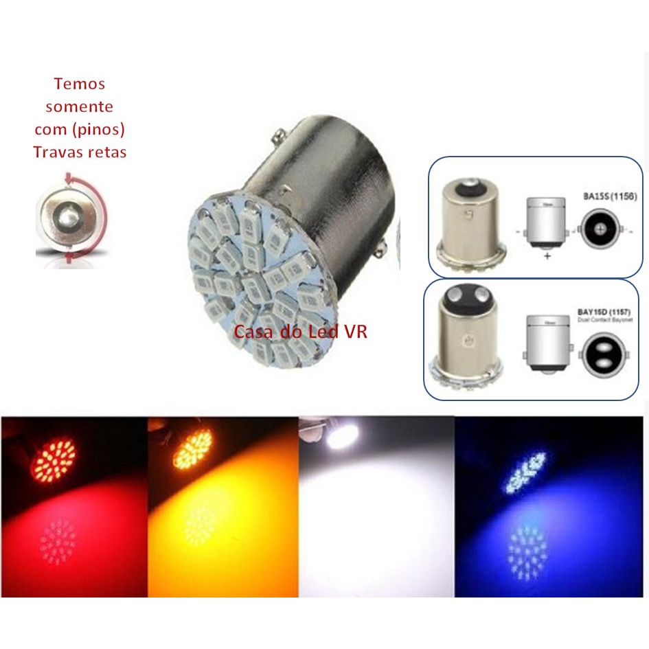 1 - 5 - 10 x Lampada led carro 1 polo ou 2 polos 22 leds luz de ré freio pisca P21w 1156 12v lâmpada automotiva