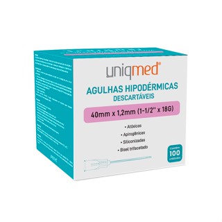 Agulhas Hipodérmica Descartáveis 40mmx1,2mm 100 Unid Uniqmed