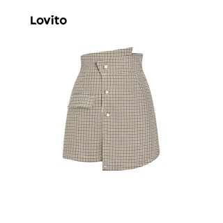 Lovito Casual Shorts Feminino Xadrez Assimétrico Pantacourt de Cintural Alta com Zíper L53AD081 (Cáqui)