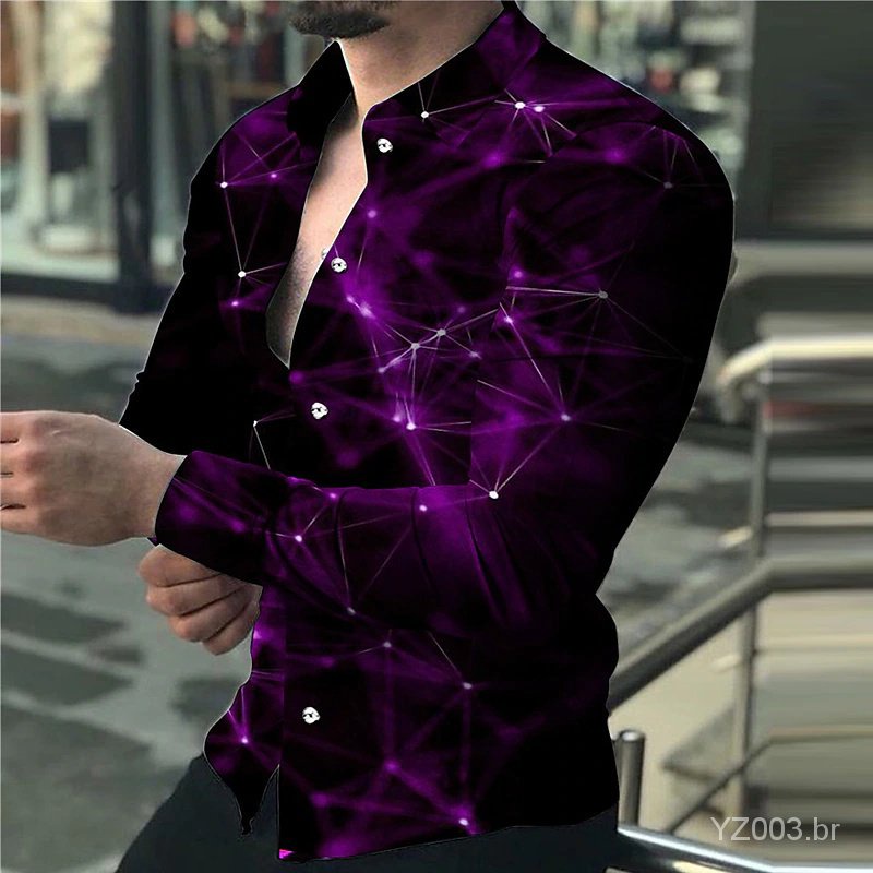 Moda homens designer roxo céu azul ouro luxo social lapela camisa tamanho grande casual ponto impressão manga longa blusa