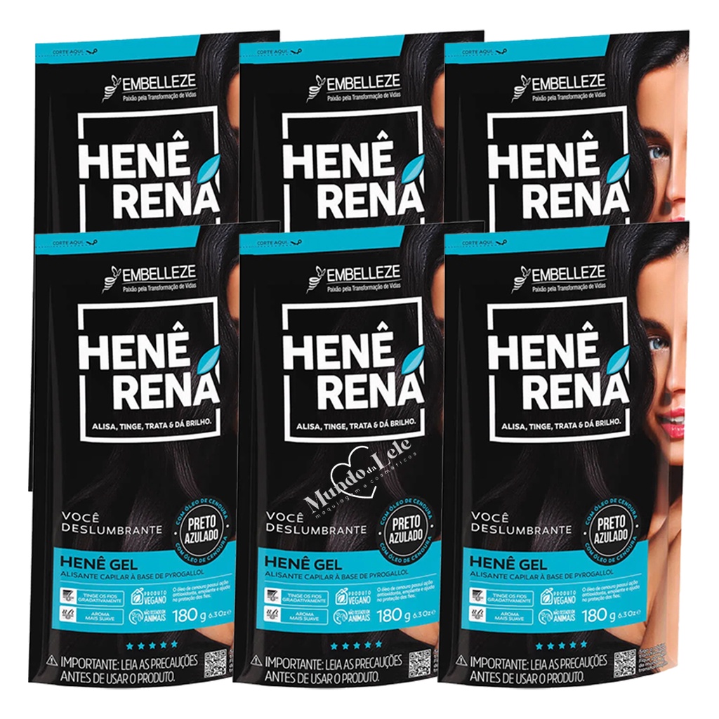 Kit Alisante Henê Gel Rená Preto Azulado Pouch 180g Embelleze - 6 Unidades em Oferta na Shopee