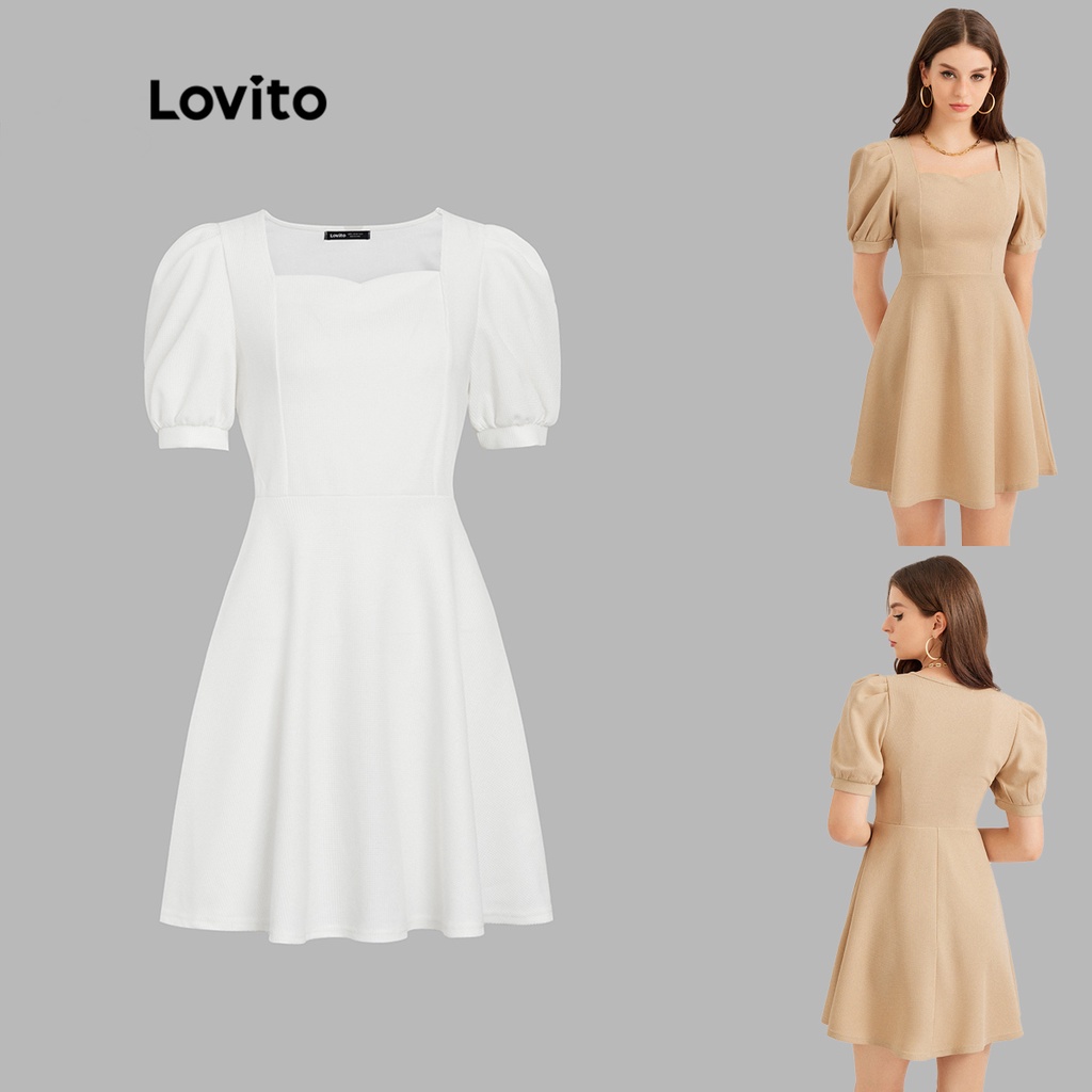 Detalhes do Lovito Vestido Casual Liso Gola Quadrada Mangas Bufantes Vestido Evasê Swing Para Mulheres L30ED056 (Cáqui)