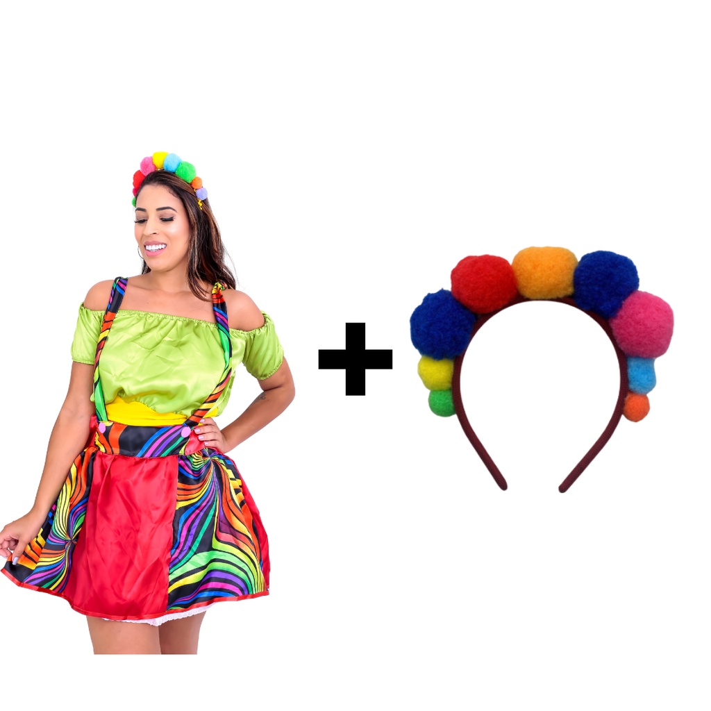 Fantasia Completa Vestido Kit Palhaça Feminina Adulto Com Suspensório e Tiara Carnaval Halloween Festa Circo Picadeiro