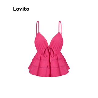 Lovito Camisa Boho Liso com Amarração nas Costas e Babado com Renda em Contraste para Mulheres L54ED047 (Rosa Choque)