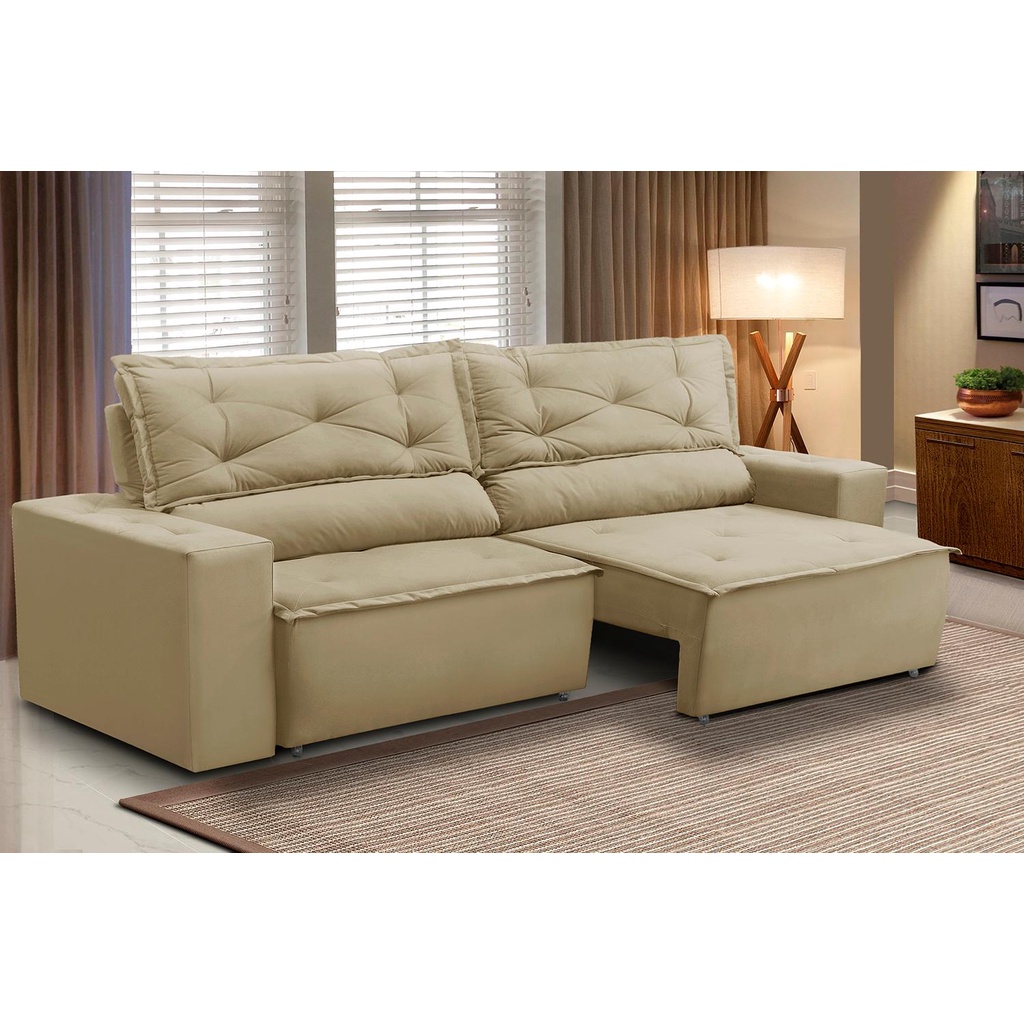 Sofá Retrátil e Reclinável 3 lugares com Molas 1,80m Livia Suede Bege Adonai Estofados - Home & Living