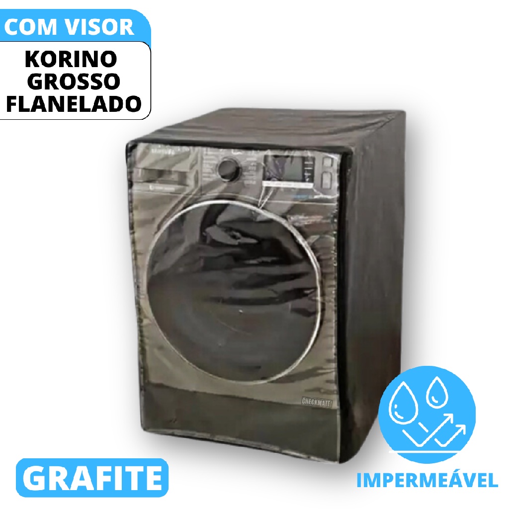 Capa Para Máquina de Lavar Frontal LG Samsung Electrolux 9 kg 10 kg 11 kg Corino Flanelado Com Zíper e Visor Transparente Cor Grafite