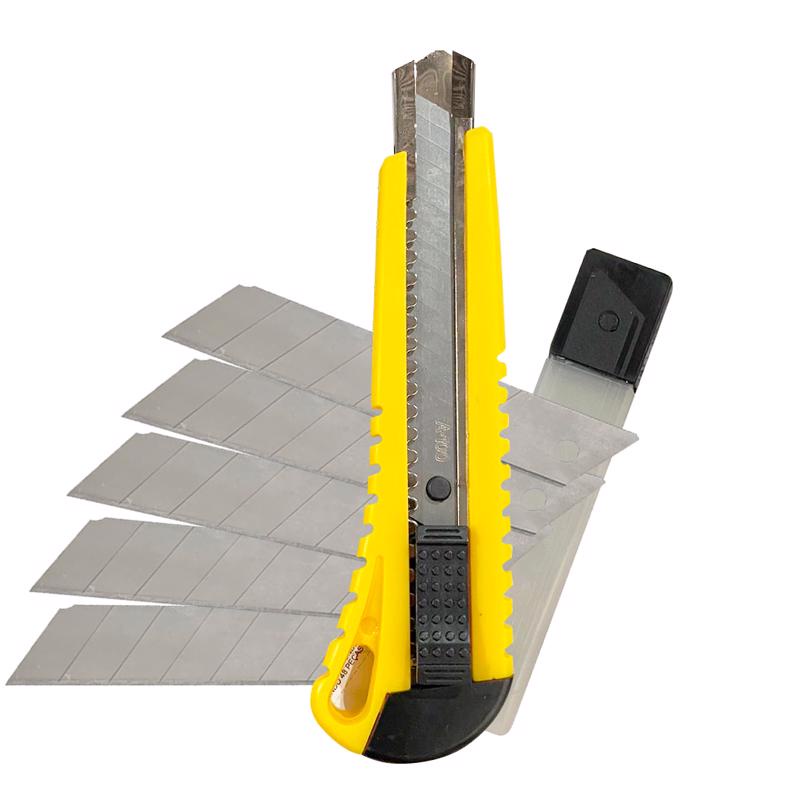 Kit Jogo Estilete Com Trava  Lâmina 18mm + 05 Lâminas Uso Geral Corte Isopor Papel Cartolina Papelão