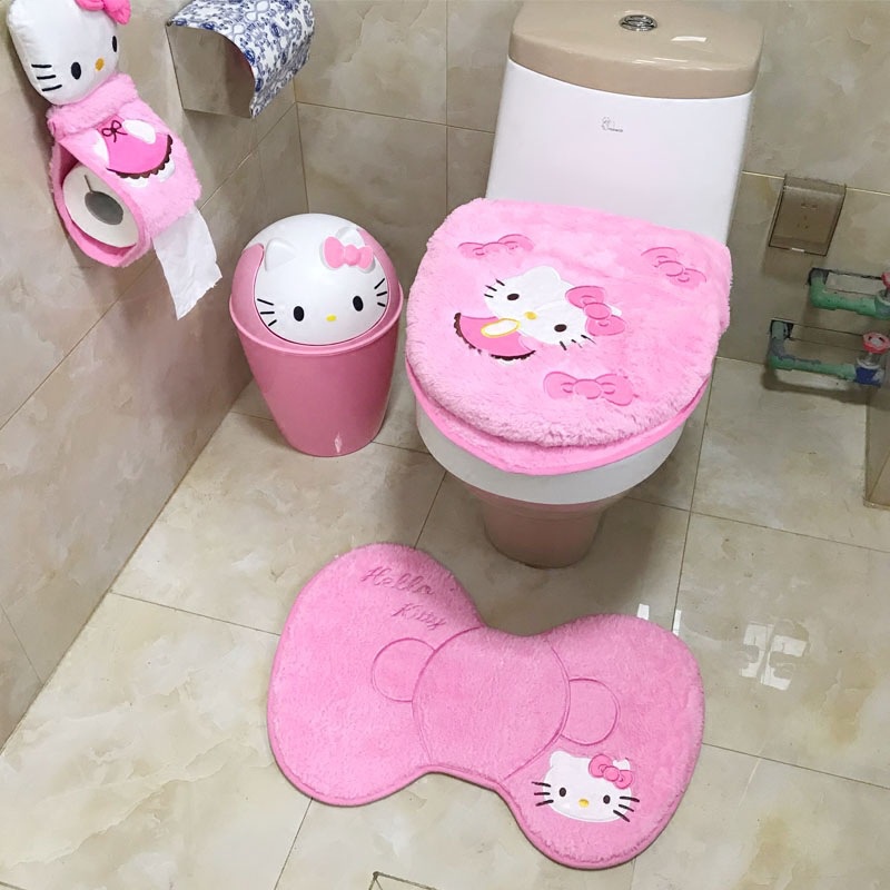 Fofo Menina Hello Kitty Conjunto De Decoração De Pelúcia De Banheiro Almofada De Assento Pé Capa De Tecido Lata De Lixo Três Peças Para Produtos Domésticos W85