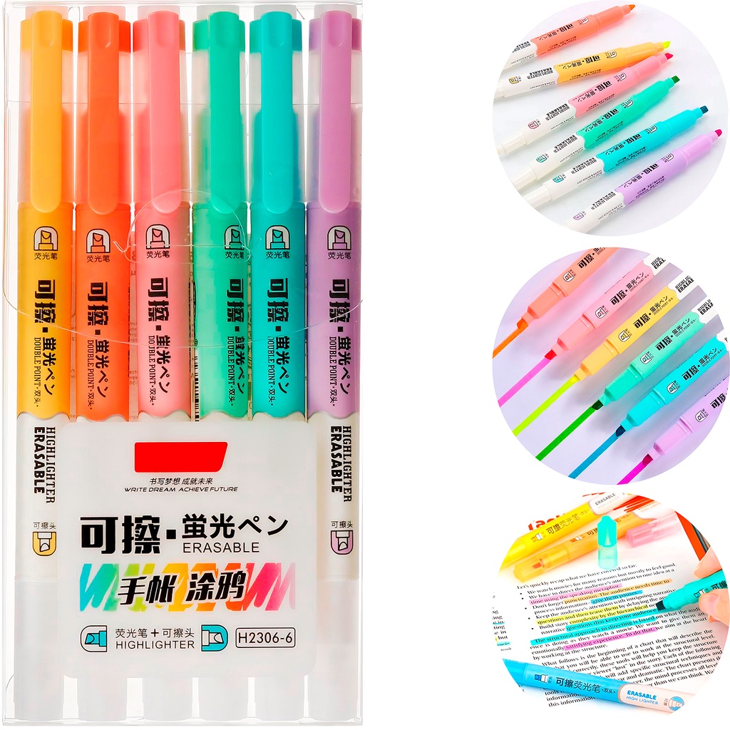 Kit Marca-Texto Ponta Dupla Conjunto apagável de Cores 6 uni