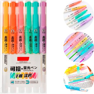 Kit Marca-Texto Ponta Dupla Conjunto apagável de Cores 6 uni