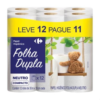 Papel Higiênico Folha Dupla 30 Metros Carrefour Compacto Neutro Leve 12 Pague 11