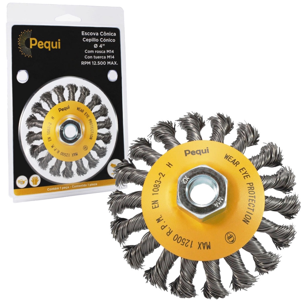 Escova Cônica Trançada PEQUI  4" x 1/2"  100mm Rosca M14 Aço Temperado 0,50mm Máx 12.500 RPM