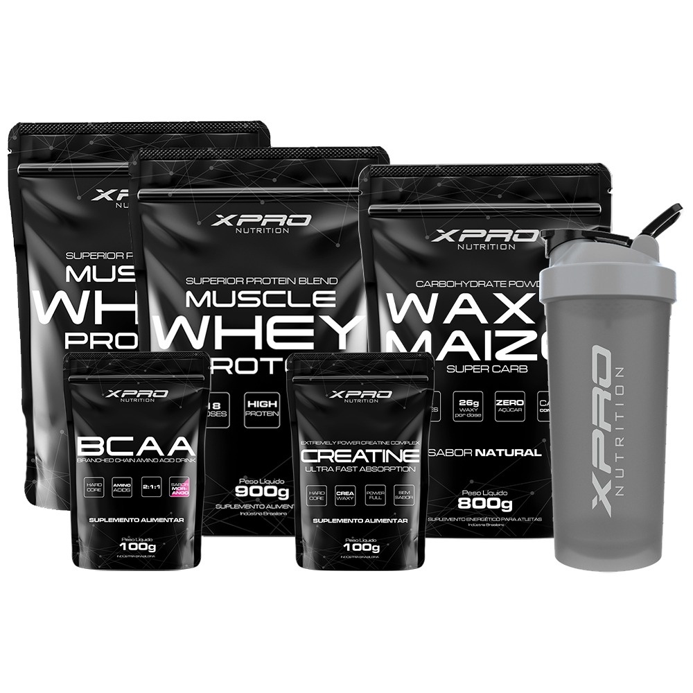 Kit 2x Whey Protein Muscle 900g + Creatina + Bcaa 100g + Waxy Maize 800g + Coquet 700ml-  Xpro Nutrition