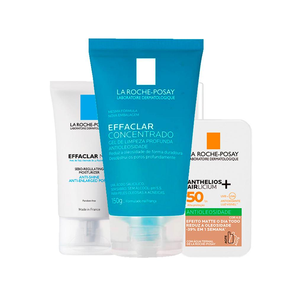 Kit Facial Antioleosidade La Roche-Posay - Gel e Protetor Solar FPS 50 Cor 4.0 e Creme Hidratante