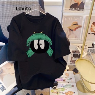 Lovito Camiseta Que Combina Com Tudo com Estampa de Desenho para Mulheres LNA17181 (Preto)