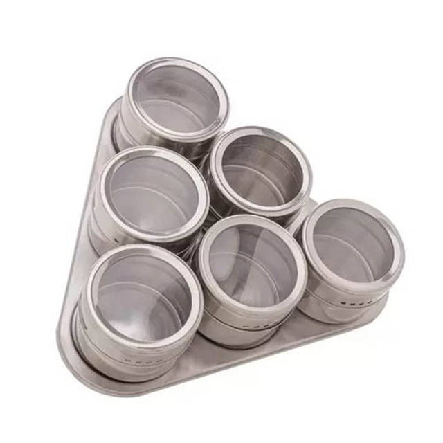 Conjunto 6 Porta Temperos Aço Inóx com Tampa Acrílico e Suporte Imantado 80ml