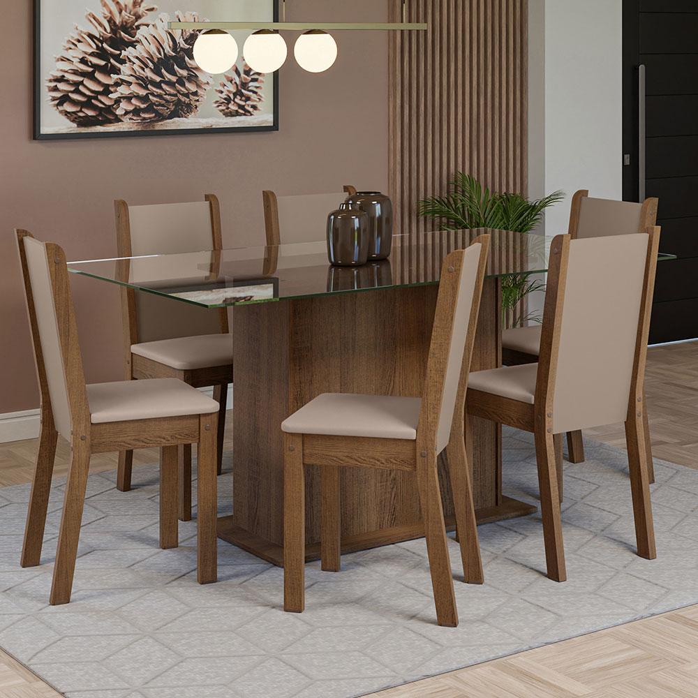 Conjunto Sala de Jantar Mesa Tampo de Vidro 6 Cadeiras Rustic/Crema/Sintético Bege Yolanda Madesa em Oferta na Shopee