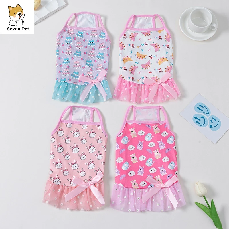 Vestido De Cachorro Sevenpet Suspender Dog Dress for Shih Tzu Fêmea Saia De Gato De Malha Roupa De Verão