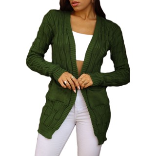 Cardigan Feminino Casaco Tricot Manga Longa Bolsos Inverno