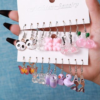 5 Pares/set Cute Creative Panda Rabbit Cherry Pendant Brincos Para Menina Borboleta Pato De Urso Transparente Jóias