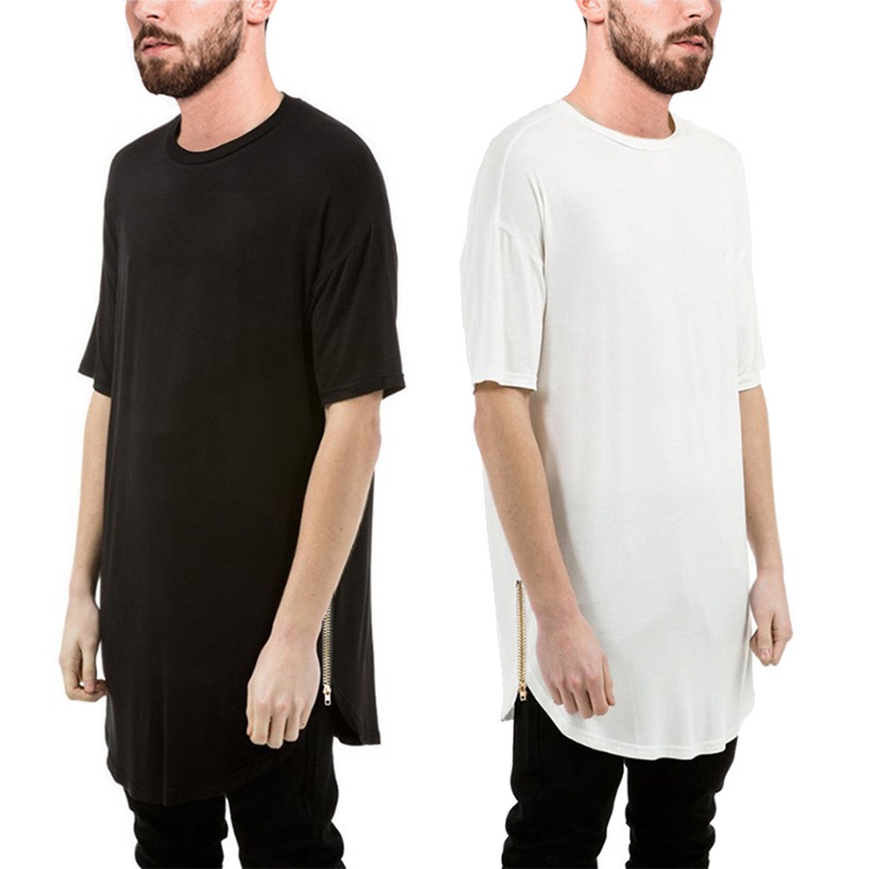 Verão Masculino Casual Camiseta Curva Bainha Lateral Com Zíper Manga Curta Streetwear Chegam Novas Linha Longa Estilo Hi
