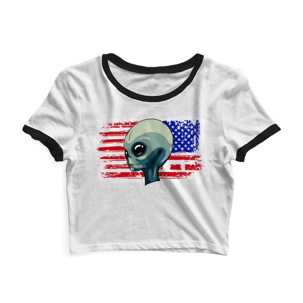 Cropped Blusinha As Braba Alien Bandeira USA Branco Viés Preto
