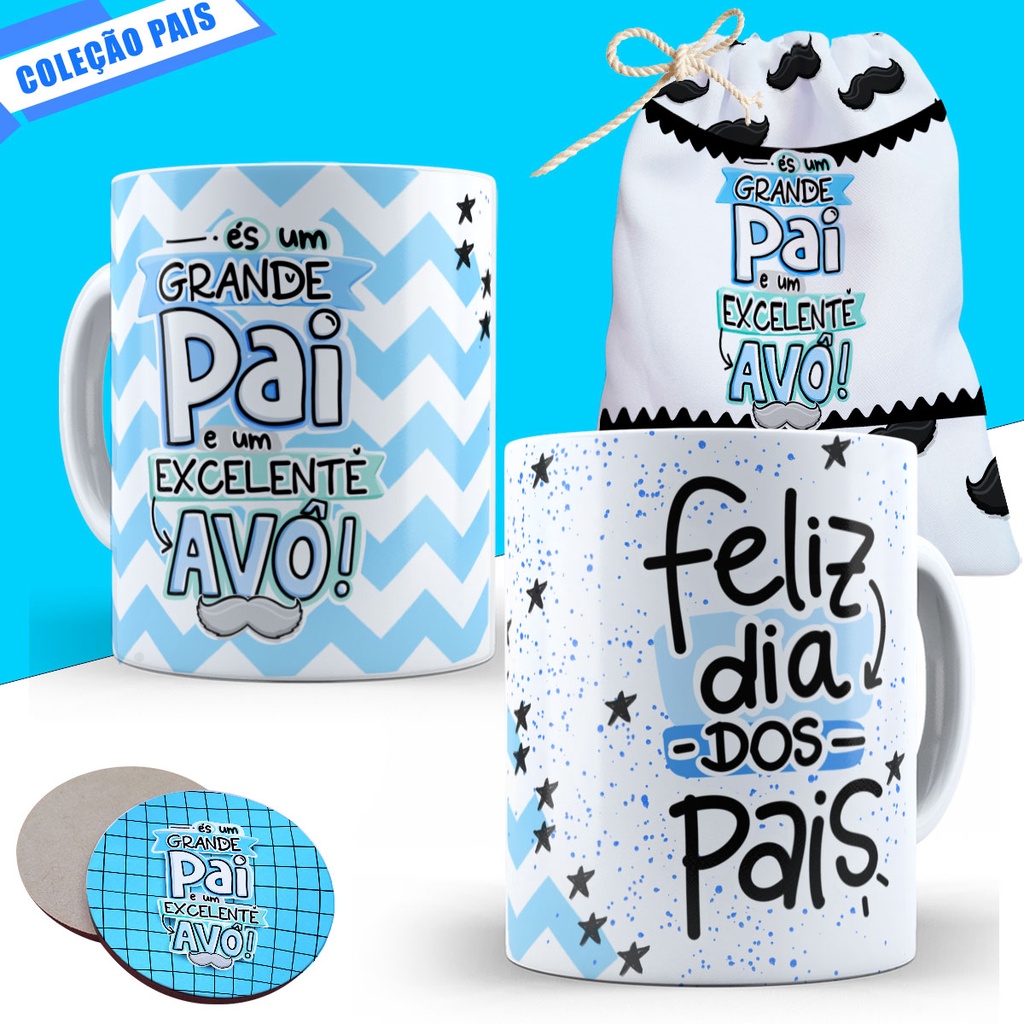 Caneca Dia dos Pais Lembrancinha Presente Personalizado Pai Padrasto Avô Avo Porta Copo e Saquinho Porcelana Cesta